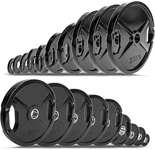 C.P. Sports Olympiaskivor som par – gjutjärn eller med gummi – 0,5 kg till 30 kg – viktskivor/vikter/viktplattor 50 mm av gjutjärn med handtag – för tyngdlyftning och styrketräning 1 x par spjäll 50 mm 5 kg