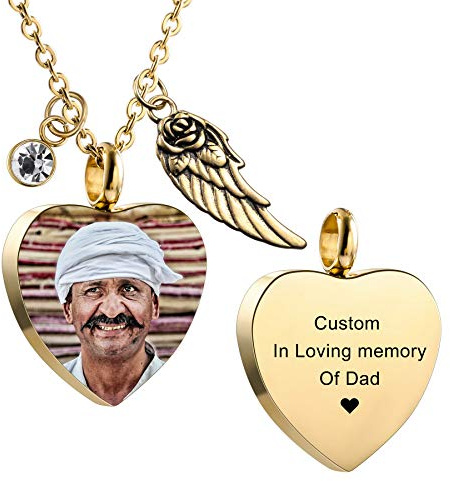 MeMeDIY Personalisierte Engelsflügel Anhänger Herz Urne Halskette Gravur Foto/Name Geburtssteine für Männer Frauen Hund Katze Haustier Edelstahl Asche Memorial Trichter Kit