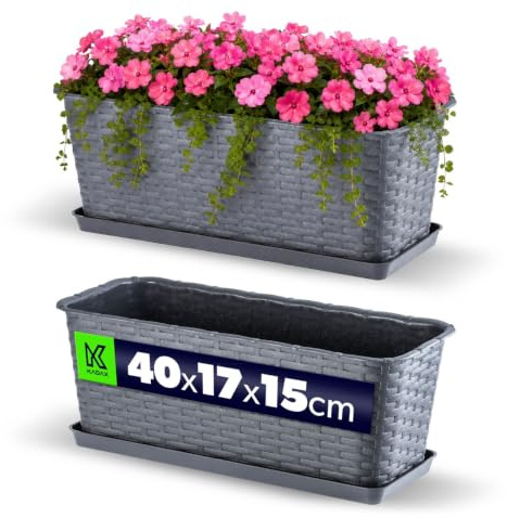 KADAX Blumenkasten 40 cm Grafit mit Untersetzer, Rattan-Optik – Pflanzkübel für Balkon oder Fensterbank, dekorativer Balkonkasten
