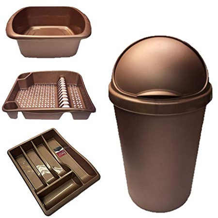 KetoPlastics ROSE GOLD 4 PIECE KITCHEN SET - 50L BULLET BIN, DISH DRAINER, WASHING UP BOWL & CUTLERY TRAY