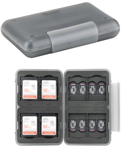 PROfezzion SD und Micro SD TF Karten Aufbewahrung Case, Klein & Wasserfest | Kompakt und Tragbar Speicherkarten Schutzhüllen Holder für 8 SD SDHC SDXC Karten + 16 Micro SD/TF Karten mit Karabiner, Grau