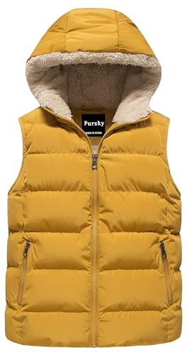 Pursky Girl's Winter School Vest Ski Jacket Puffer Sherpa Lined Waterproof Warm Hooded Gilet Yellow 10-12