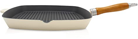 KRÜGER Gusseisen-Grillpfanne mit Holzgriff - 28 x 28 cm - emailliert - hohe Hitzebeständigkeit und langanhaltende Wärmespeicherung - für alle Herdarten inkl. Induktion geeignet (Savanna)
