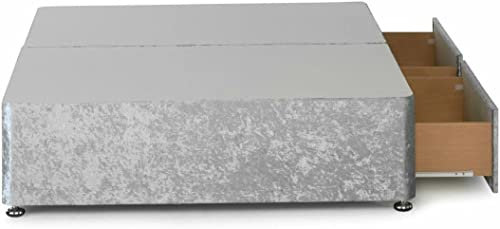 Modern Silver Crush Velvet Divan Bed Base Only With Storage Drawers (No Drawers, 4FT6 Double), (2022)