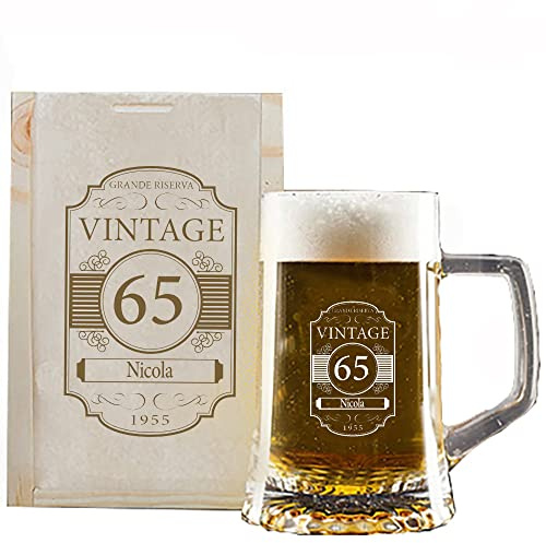 My original gift Chope à bière et boîte en bois gravées avec le nom, l'âge et l'année de naissance
