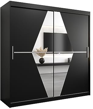E- MEUBLES Armoire de Chambre avec 2 Portes coulissantes et Miroir Style Contemporain Penderie (Tringle) avec étagères (LxHxP): 200cmx200cmx62cm BOLA (Noir)