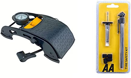 AA Twin Cylinder Foot Pump - Tyre Inflator for Cars, Motorcycles, Bicycles & Inflatables; AA Tyre Safety Kit with Tread Depth Gauge, Pressure Gauge & 4 Dust Caps