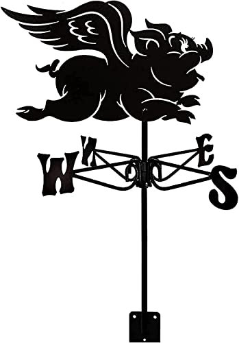 Wetterfahne Fliegendes Schwein mit Dachmontage Wetterfahne Windrichtungsanzeige,Retro-Wetterhahn Metall Wetterhahn Garten (Farbe:Schwarz,Größe:Mittel) (Schwarz M)
