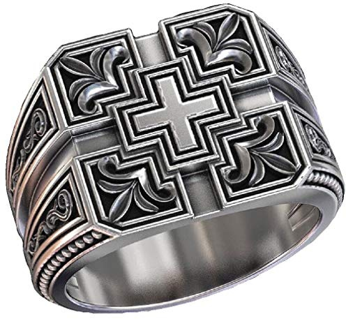 Kreuzring für Männer, christlicher religiöser Ring, Vintage geschnitzte Bandringe, Retro-Kreuztotemring, gotischer Kreuzamulettring, Punkkreuz-Siegelring, Taufe Christlicher Schmuck (18.1, Silber)