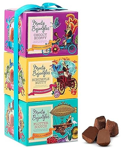 Monty Bojangles Schokoladentrüffel- Pralinen Sortiment mit Kakao bestäubt in Geschenkturm (3x100 g), 3 verschiedene Schokolade Geschmacksrichtungen, preisgekrönte Pralinen