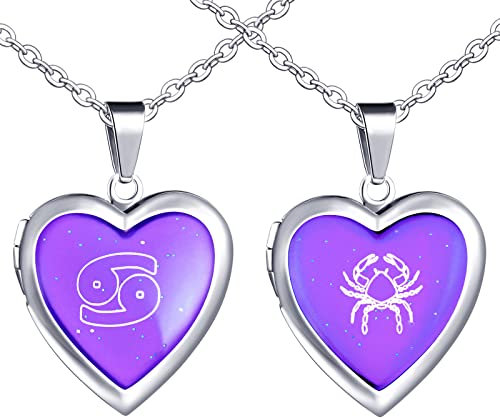 INFINIONLY Damen Edelstahl Ketten Herz Medaillon Halsketten Anhänger Edelstahl Foto Medaillon Aufklappbar Halskette Anhänger Horoskop Halskette Emperaturempfindliche Halskette, Krebs, 2 pcs