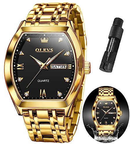 OLEVS Watch Men Gold and Black Watches for Men Square Stainless Steel Waterproof Men's Watches Luxury Tonneau Dress Analog Quartz Wrist Watch Relojes para Hombres