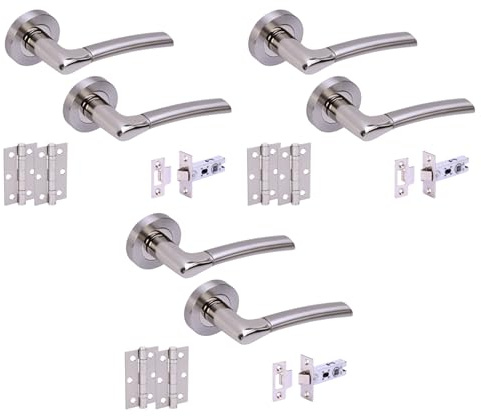 Hunta HANDLEZONE® 3 Sets Ursa Internal Door Handles on Rose Lever Latch Packs with 75mm Ball Bearing Hinges and 76mm Latches - Dual Polished/Satin Nickel