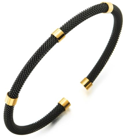 COOLSTEELANDBEYOND Dünne Edelstahl Gitter Kabel Manschetten Armreif Armband mit Rohr Wulst, für Herren Damen