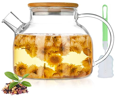 Théière en verre de 1 l avec couvercle en bois, théière avec infuseur, théière en borosilicate résistant à la chaleur avec filtre amovible, design élégant et moderne pour thé, thé à fleurs et jus