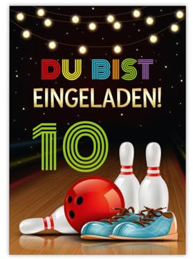 Minkocards 12 Einladungskarten zum 10. Kindergeburtstag Kegeln Bowling Mädchen Jungen Einladung zehnte Mädchengeburtstag Jungsgeburtstag