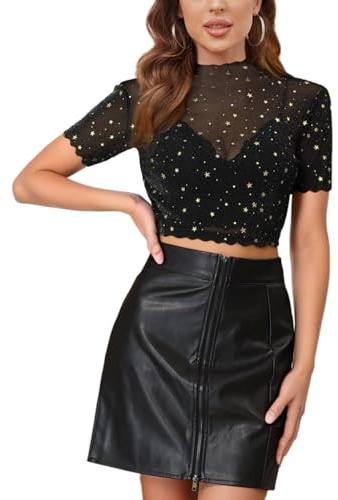 SEBOWEL Damen Sternen Oberteil Kurzarm Mesh Shirt Stretchy Bluse Sexy Durchsichtige Tops Schwarz M