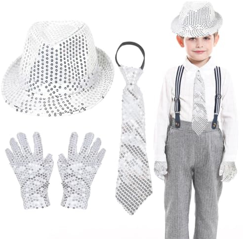 EUPSIIU 3 Pièces Chapeau de Danse Jazz Déguisement pour Enfants ou Adultes, Accessoire Disco Performance Gants cravate Décoration Paillettes Chapeau Fournitures de Fête,Spectacles de Jazz (Sliver)