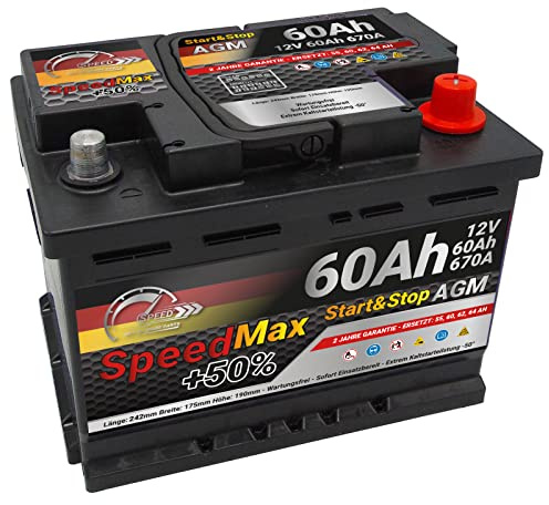 SMC Autobatterie Speed Max 60Ah Agm Start&Stop 12V 680A Starterbatterie für | Autos mit hohem Energiebedarf Start-Stop ersetzt 62 64 65 Ah 70ah überlegene Leistung Pluspole Recht
