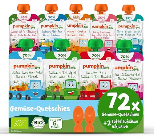 Pumpkin Organics 72er Pack ERSTE LIEBE Bio Gemüse-Quetschies mit 2 Löffelaufsätzen - Quetschie ohne Zuckerzusatz - Babynahrung für Babys ab dem 6. Monat - Vorratspaket (72x100g)