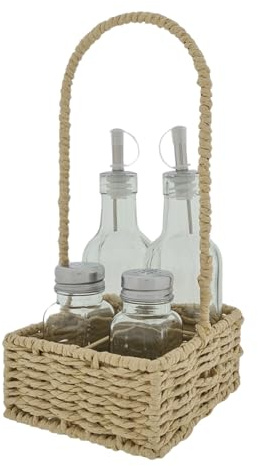 Korb mit Öl-Ausgießer & Essig-Ausgießer, Salz-Streuer & Pfeffer-Streuer, aus Glas, perfekt für Küche, Tisch, Balkon & Garten, 28x13x13cm