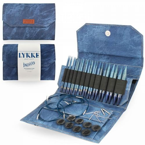 Lotus Yarns Lykke Rundstricknadel-Set, 12,5 cm, buntes Holz, austauschbar, 12 Paar Nadelspitzen, 5 Kordeln, 2 Verbinder, 4 Schlüssel und 8 Stopper (Indigo)