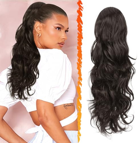 BARSDAR Pferdeschwanz Extensions Dunkel Braun, 50cm Lockige Gewellt Haarverlängerung Mit Kordelzug - Synthetik Clip in Haarteil Ponytail Extension für Damen