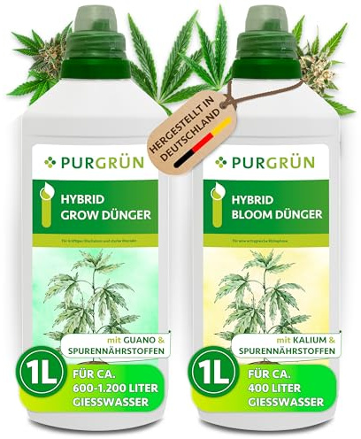 Purgrün® Hybrid-Dünger-Set 2 x 1 Liter – Schnell wirksame Rezeptur – Vollspektrum-Nährstoffe für Wachstum & Blüte – Flüssigdünger Indoor & Outdoor – Für ertragreiche Blüten & gesundes Wachstum