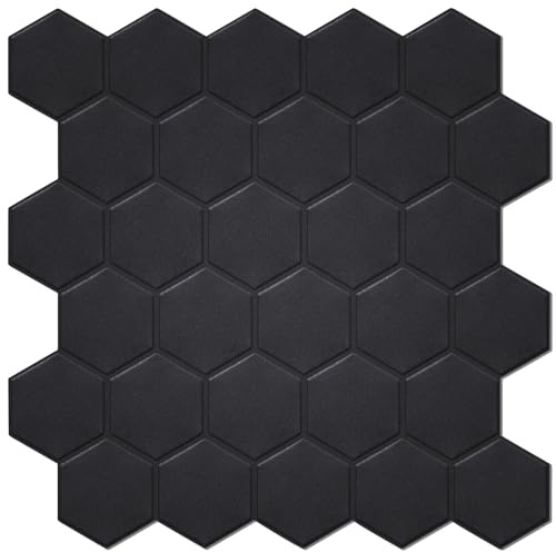 WalDecoo Wandfliesen zum Abziehen und Aufkleben (10 Blatt), 1,6 mm dicke, selbstklebende Wandfliesen, mattschwarze Sechseck-Fliesenaufkleber, Spritzschutz für Küche, Bad, Heimdekoration