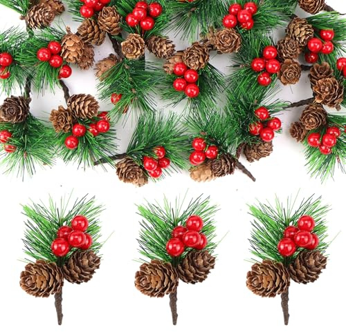 GMMG Künstliche Tannenzweige 20 Stück Künstliche Kiefer Zweige Beerenzweig KünstlichTannenzapfen für Baumschmuck Weihnachtsblumen Kränze Dekoration