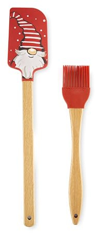 Excelsa Gnomo Set Spatola e Pennello da Cucina, Legno e Silicone, Decoro Natalizio