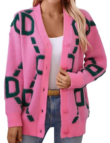 Cardigan Femme Long Tricot Jacquard Leger Pull Hiver Chaud Chic imprimé Devant Ouvert Veste Automne 2024 Fantaisie Motif avec Boutons Manteau tricoté À La Mode Manches Longues Ideal Tops (L)