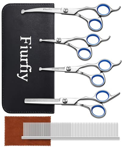Fiurfiy 6-in-1 Dog Grooming Scissors - Professional Stainless Steel Hair Cutting Kit with Safety Rounded Tips, Ergonomic Soft-Grip Handles for Small & Large Dogs, Cats