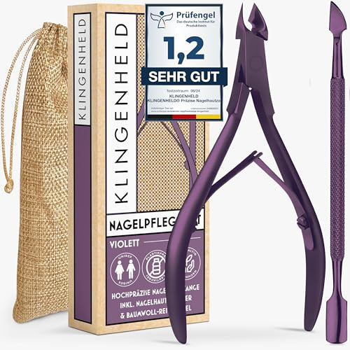 KLINGENHELD® Präzise Nagelhautzange inkl. 1 Nagelhautschieber - Mycket lätt att använda & extra vass - inkl. reseveske av bomull 100% plastfritt & hållbart - Nagelbandssax, nagelbandsskärare