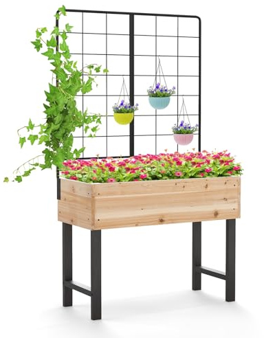 COSTWAY Upphöjd bädd med spaljé, blombädd med dräneringshål, trädgårdsbädd, planteringslåda trä, blomlåda med spaljé för klätterväxter, trädgård balkong terrass, metallram, 79 x 35 x 108 cm