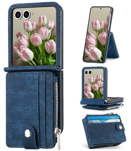 ZCDAYE Fodral för Samsung Galaxy Z Flip 7 med kortfack, PU-läder mobilväska kvinnor män mobiltelefon väska hopfällbart skal plånbok stabilt skyddsfodral telefonfodral för Samsung Z Flip 7, blå