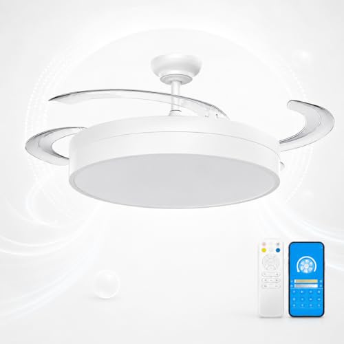 OstarkDom Ventilador de Techo con Luz LED Retráctil 106 cm, 66W Motor 30W+35W Led 4 Aspas, Motor DC Silencioso, 6 Velocidades, 3 Temperaturas de Luz, Mando a Distancia, Temporizador, Verano-Invierno