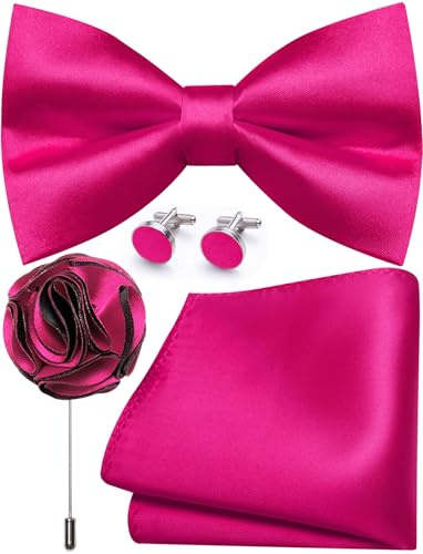 Ailisus Mens Fuchsia Pink Bow Tie and Pocket Square Cufflinks Lapel Pin Set Silk Pre-tied Bowtie Adjustable Wedding Party Business