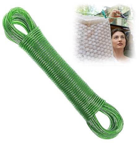 30M Washing Line Rope, 3mm Dia Heavy Duty Steel Core Clothesline, Durable Waterproof Rustproof Clothes Lines, Strong Outdoor Washing Line for Garden, Balcony, Camping, Travel Use (Green)