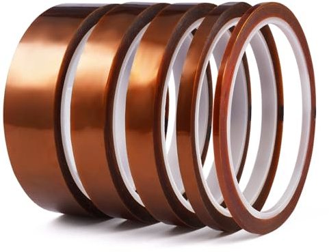 Vylro 5 Pezzi Rotoli di Nastro Adesivo Resistente al Calore Braun,3/6/8/12/25mm x 33m Nastro Termoresistente,Heat Tape per Trasferimento Termico Senza Residui,Mascheratura,Saldatura e Elettrico