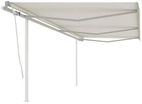 QJBSAVVA Markise Manuell Einziehbar 6x3 m mit Pfosten UV-Schutz Sonnensegel aus Hochdichtem Polyester Creme Weiß für Terrasse Balkon und Garten