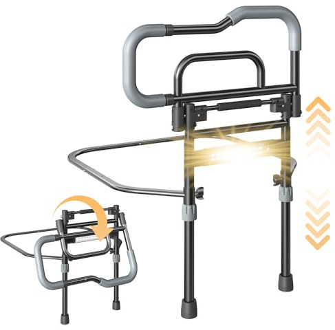 Bed Rails for Elderly Adults Safety, Foldable Bed Assist Rails for Seniors with Sensor Light & Storage Pocket, Adjustable Height, 180° One-Hand Folding Bed Side Rails Fit King Queen Full Twin