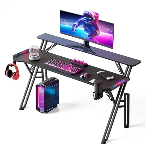 Warmiehomy Gaming Desk with LED Lights 140 x 60cm, Black | RGB Gaming Table with Voice Control Mode and Music Sync. Computer Desk with Headphone Hook, Cup Holder and Mouse Pad.