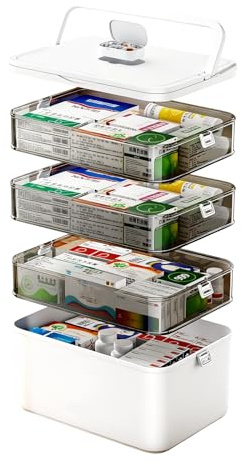 Spalivivre Boîte à Pharmacie à 4 Étages, Boîte à Médicaments avec Poignée et Compartiments Amovibles pour la Famille, le Bureau, l'École et les Voyages (Blanc)