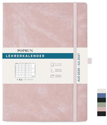 POPRUN Lehrerkalender 2026 2027 Hardcover ca.A4(21 x 29,7cm) auf Deutsch | Lehrerplaner für Lehrerinnen und Lehrer,mit Monatliches Register,Schulplaner mit PU-Leder,für die Unterricht(Rosa)