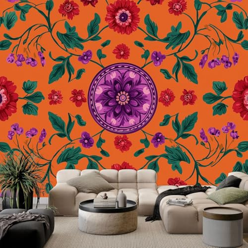 Vlies Fototapete Elegant Charmant Blumen Blätter, Tapete Orange Vliestapete Wandtapete Mustertapete Wandbild Dekoration für Schlafzimmer Wohnzimmer Kinderzimmer 150 x 105 cm (B x H)