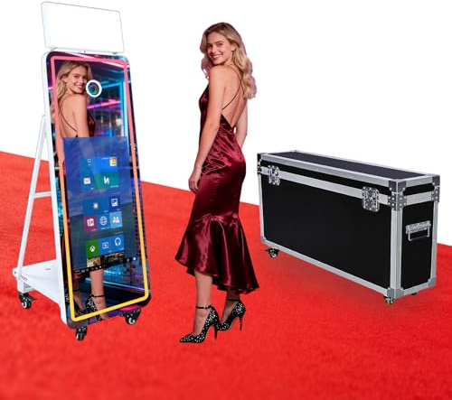 Magic Mirror DSLR Photo Booth with 32 Inch Touchscreen, Instant Printing & LED RGB Square Light, Portable Photobooth with Flight Case for Weddings Parties Events (White, Photo Booth)