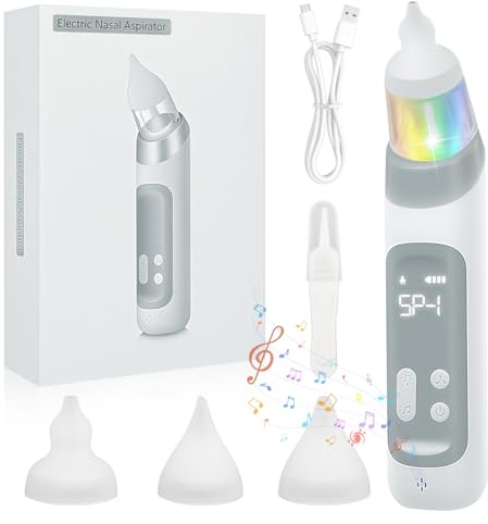 Aspiratore Nasale Neonato - Aspiratore Nasale per Neonati e Piccoli con 3 Punte in Silicone, 5 Livelli di Aspirazione Regolabili, Funzione Musica e Luci LED