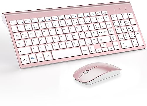 Tastatur Maus Set Ultra Slim,2,4G Stille Compact USB,TopMate-Rose Gold Weiß | 2400DPI Maus und Schissschalter Tastatur mit Abdeckung, Batterien Enthalten für PC/Laptop/Windows/Mac