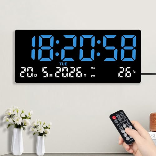 Jonuin Large Digital Wall Clock, 15.5LED Digital Wall Clock Powered by Cord with Remote Control, Seconds, Date, Week, Temperature, 2 Alarms, Wall & Desk Clock for Living Room, Kitchen, Garage (Blue)